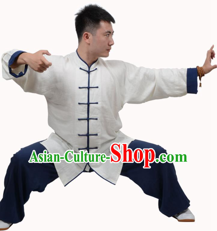 Top Kung Fu Linen Costume Martial Arts Costume Kung Fu Training White Shirt and Navy Pants, Tai Ji Plated Buttons Uniform Gongfu Wushu Clothing for Women for Men