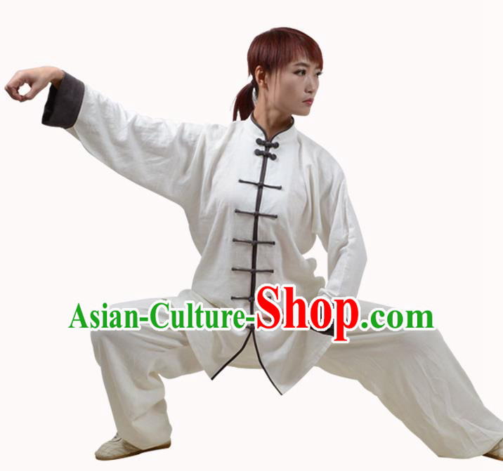 Top Kung Fu Linen Costume Martial Arts Costume Kung Fu Training White Shirt and Pants, Tai Ji Plated Buttons Uniform Gongfu Wushu Clothing for Women for Men