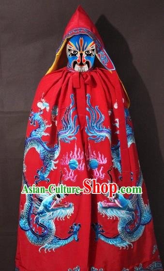 Traditional China Beijing Opera Costume Embroidery Dragon Cloak, Chinese Peking Opera General Red Embroidered Cape