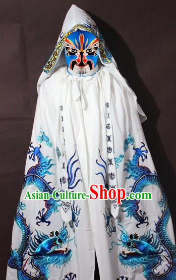 Traditional China Beijing Opera Costume Embroidery Dragon Cloak, Chinese Peking Opera General White Embroidered Cape
