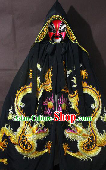 Traditional China Beijing Opera Costume Embroidery Dragon Cloak, Chinese Peking Opera General Black Embroidered Cape