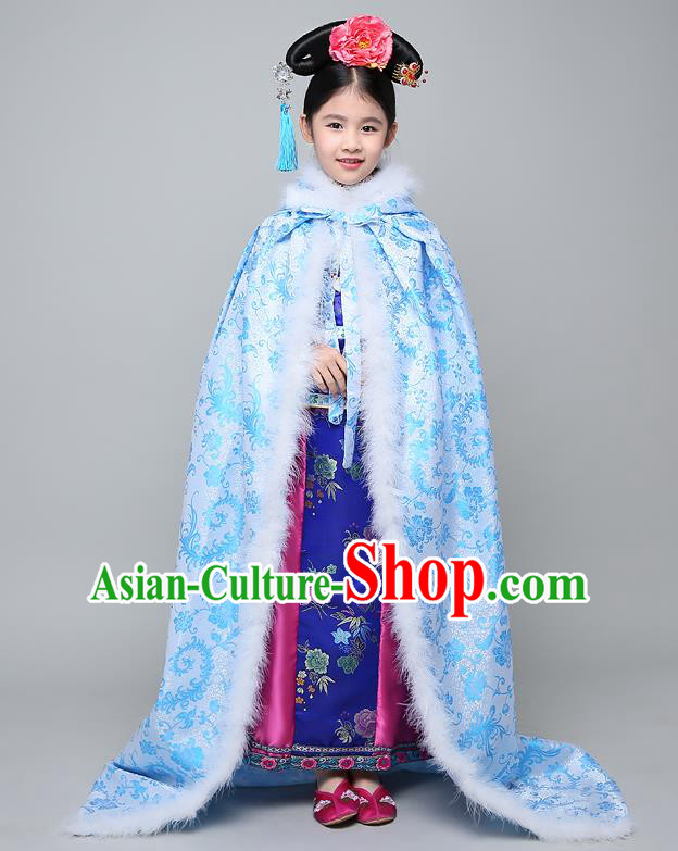 Traditional Ancient Chinese Qing Dynasty Manchu Princess Costume Embroidered Blue Cloak for Kids