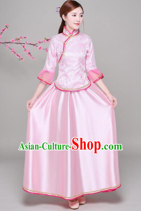 Traditional Chinese Republic of China Nobility Lady Clothing, China National Embroidered Pink Blouse and Skirt for Women