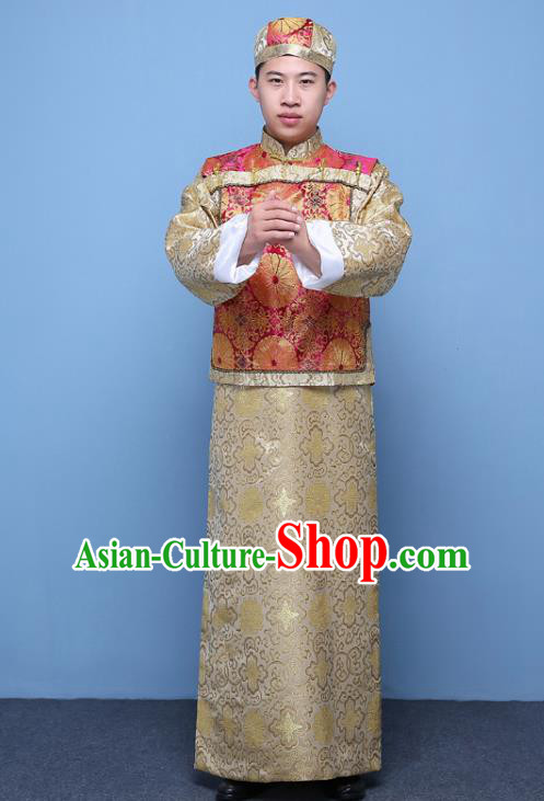 Traditional Ancient Chinese Qing Dynasty Prince Costume, China Manchu Nobility Childe Embroidered Rosy Mandarin Jacket Clothing for Men