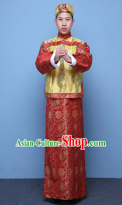 Traditional Ancient Chinese Qing Dynasty Prince Costume, China Manchu Nobility Childe Yellow Mandarin Jacket Clothing for Men