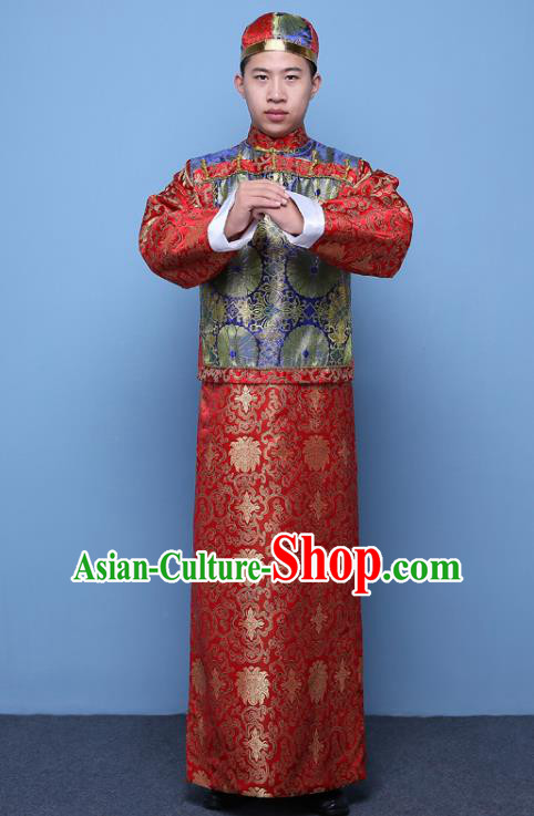 Traditional Ancient Chinese Qing Dynasty Prince Costume, China Manchu Nobility Childe Blue Mandarin Jacket Clothing for Men