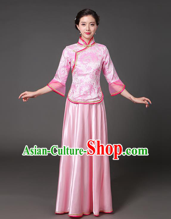 Traditional Chinese Republic of China Nobility Lady Clothing, China National Pink Cheongsam Blouse and Skirt for Women