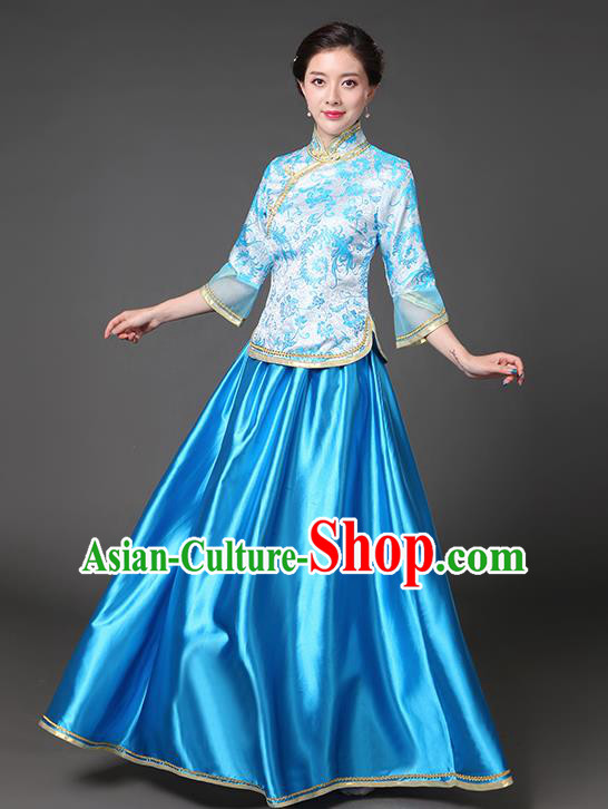 Traditional Chinese Republic of China Nobility Lady Clothing, China National Blue Cheongsam Blouse and Skirt for Women
