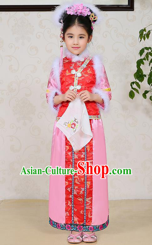 Traditional Ancient Chinese Qing Dynasty Manchu Lady Dress, Chinese Mandarin Princess Embroidered Clothing for Kids