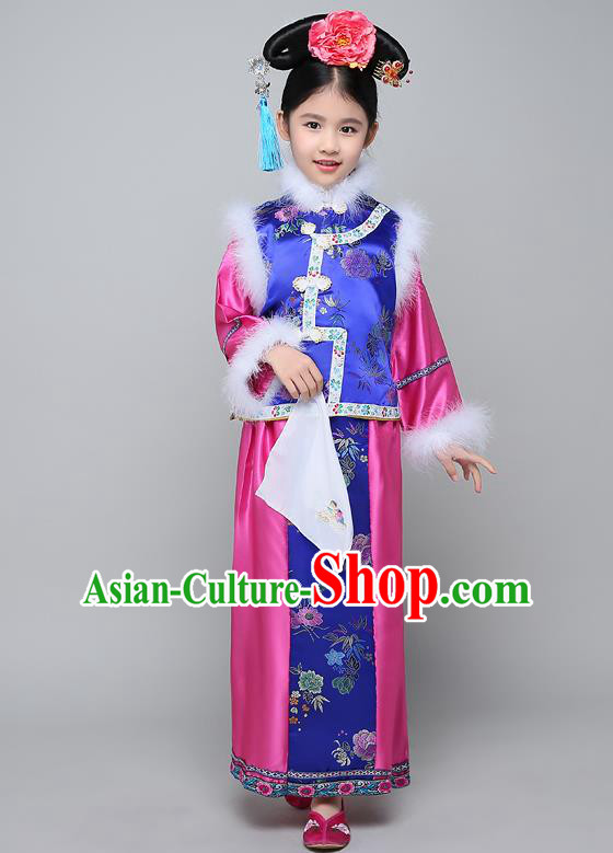 Traditional Ancient Chinese Qing Dynasty Manchu Lady Costume, Chinese Mandarin Princess Embroidered Clothing for Kids