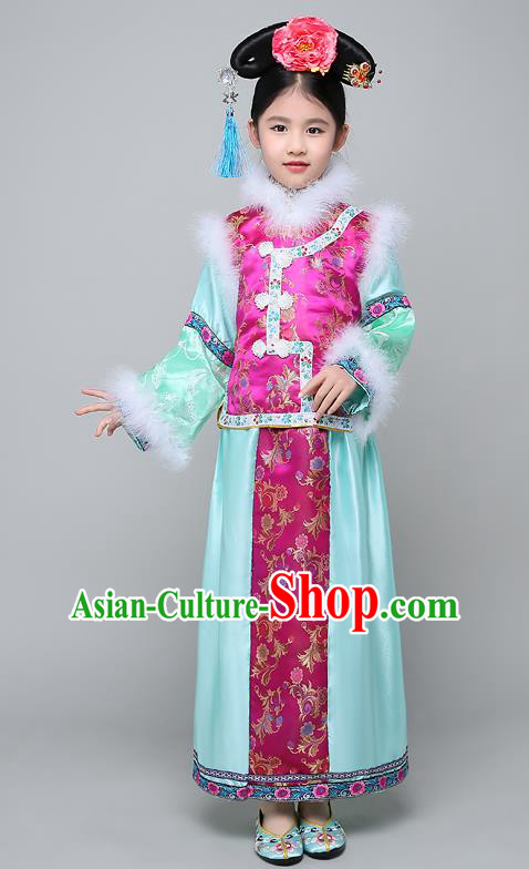 Traditional Ancient Chinese Qing Dynasty Manchu Lady Rosy Costume, Chinese Mandarin Princess Embroidered Clothing for Kids