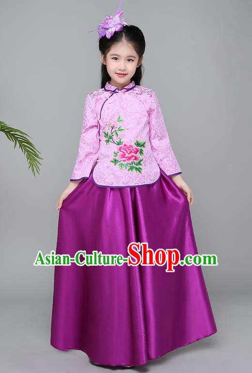 Traditional Chinese Republic of China Children Clothing, China National Embroidered Purple Cheongsam Blouse and Skirt for Kids