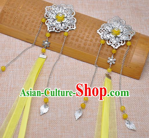 Traditional Chinese Handmade Hair Accessories Princess Hairpins Yellow Ribbon Hair Stick for Women