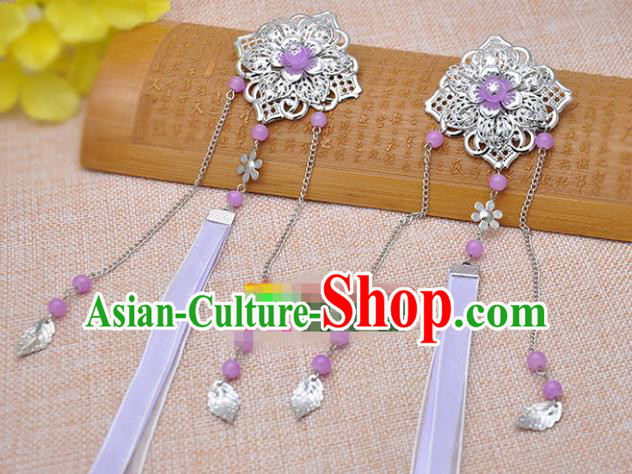 Traditional Chinese Handmade Hair Accessories Princess Hairpins Purple Ribbon Hair Stick for Women