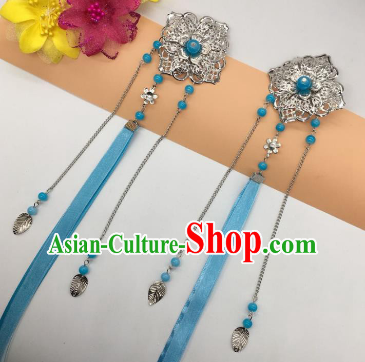 Traditional Chinese Handmade Hair Accessories Princess Hairpins Blue Ribbon Hair Stick for Women