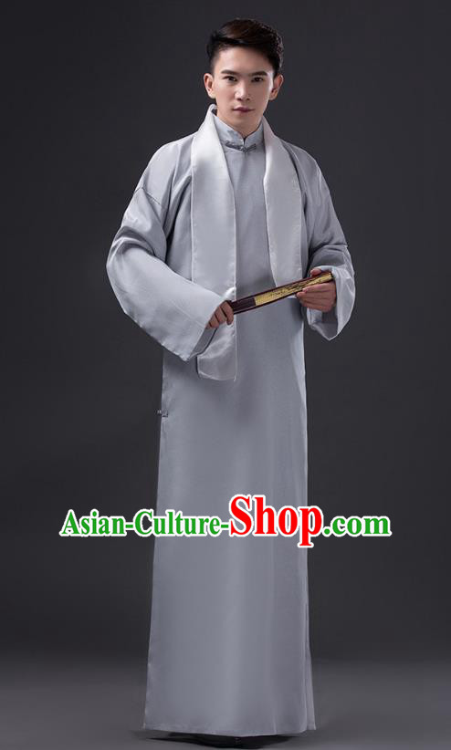 Traditional Chinese Republic of China Costume Grey Long Gown, China National Comic Dialogue Clothing for Men