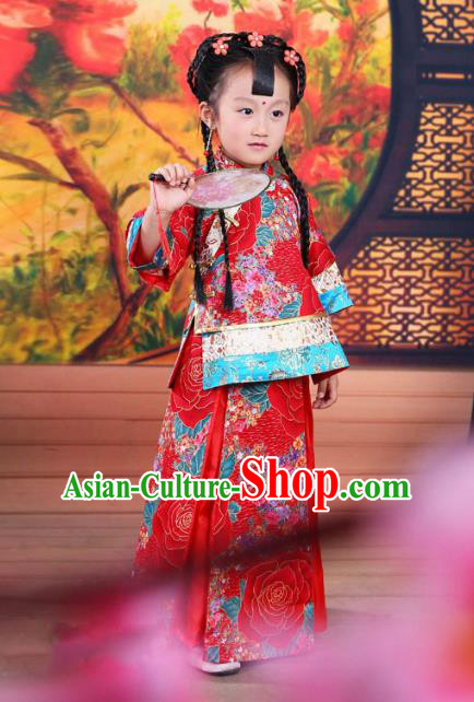 Ancient Chinese Qing Dynasty Children Costume, China Traditional Xiuhe Suit Red Dress Embroidered Clothing for Kids