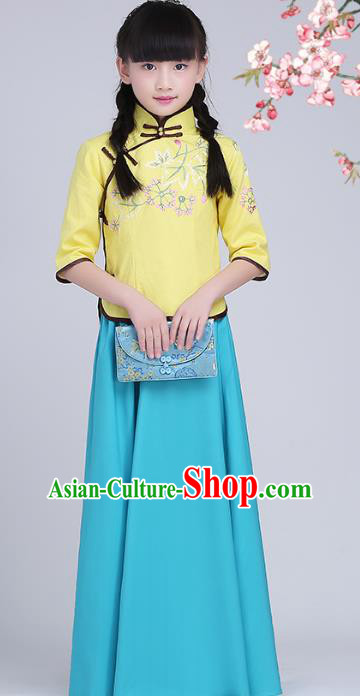Traditional Chinese Republic of China Children Clothing, China National Embroidered Yellow Cheongsam Blouse and Blue Skirt for Kids