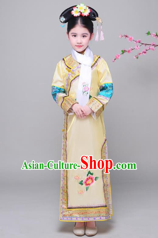 Traditional Ancient Chinese Qing Dynasty Princess Yellow Costume, Chinese Manchu Lady Embroidered Clothing for Kids