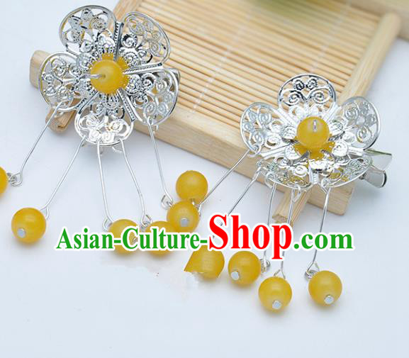 Traditional Chinese Handmade Hair Accessories Hairpins Hanfu Yellow Beads Tassel Hair Claw for Kids