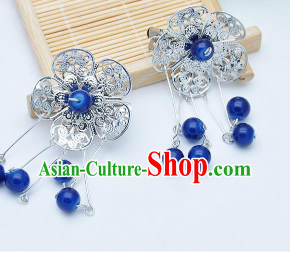 Traditional Chinese Handmade Hair Accessories Hairpins Hanfu Blue Beads Tassel Hair Claw for Kids