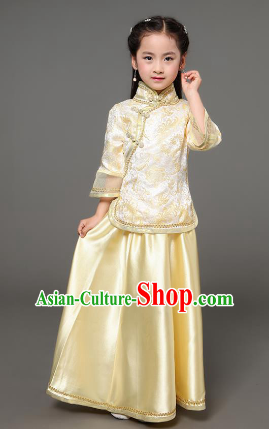 Traditional Chinese Republic of China Children Xiuhe Suit Clothing, China National Embroidered Yellow Cheongsam Blouse and Skirt for Kids