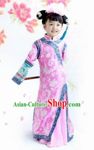 Traditional Chinese Qing Dynasty Princess Costume, China Ancient Manchu Lady Embroidered Clothing for Kids