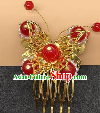 Traditional Chinese Handmade Hair Accessories Princess Hairpins Hanfu Red Beads Butterfly Hair Comb for Kids