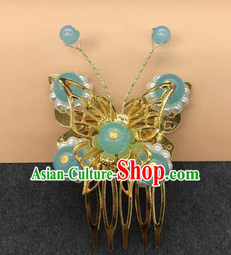 Traditional Chinese Handmade Hair Accessories Princess Hairpins Hanfu Blue Beads Butterfly Hair Comb for Kids