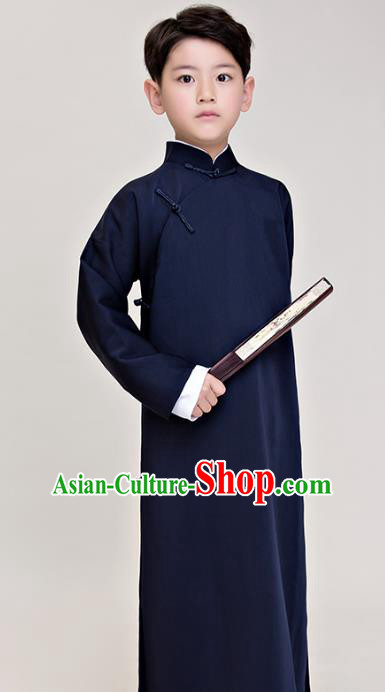 Traditional Chinese Republic of China Costume Navy Long Robe, China National Comic Dialogue Clothing for Kids