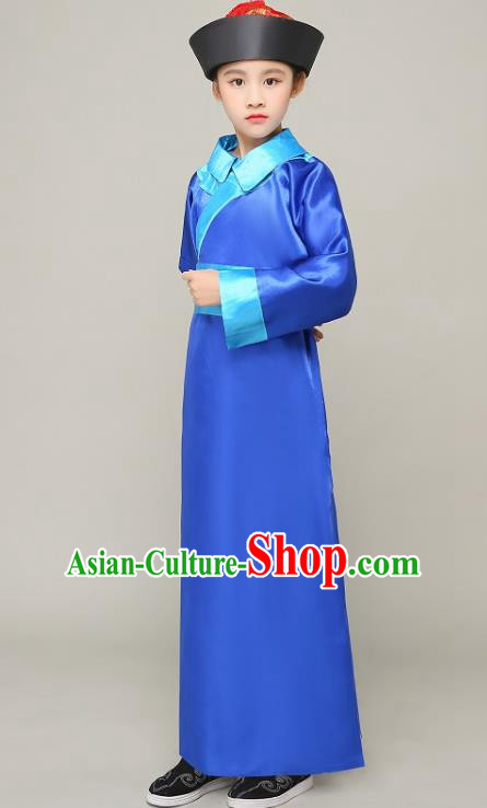 Traditional Chinese Qing Dynasty Court Eunuch Costume, China Manchu Imperial Bodyguard Blue Mandarin Robe for Kids