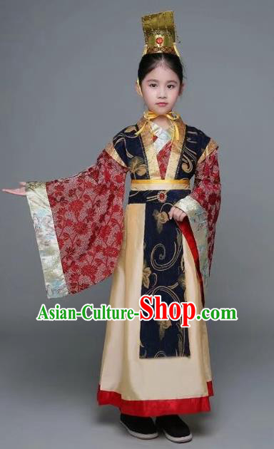 Traditional Chinese Han Dynasty Prime Minister Costume, China Ancient Chancellor Hanfu Embroidered Clothing for Kids
