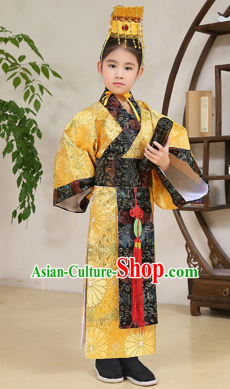 Traditional Chinese Han Dynasty Children Emperor Costume, China Ancient Majesty Hanfu Yellow Embroidered Robe for Kids