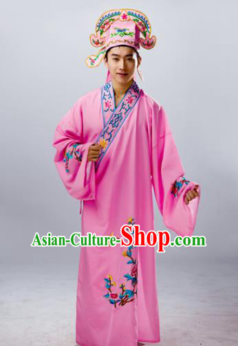 Traditional China Beijing Opera Costume Gifted Scholar Pink Embroidered Robe, Chinese Peking Opera Niche Embroidery Clothing