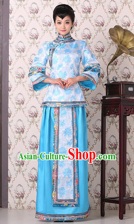 Traditional China Qing Dynasty Nobility Dowager Costume, Chinese Ancient Gentlewoman Embroidery Blue Xiuhe Suit Clothing