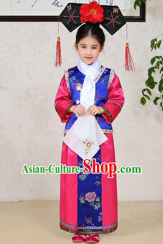 Traditional Chinese Qing Dynasty Children Princess Rosy Costume, China Manchu Palace Lady Embroidered Clothing for Kids