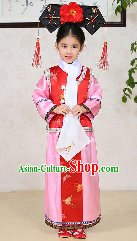 Traditional Chinese Qing Dynasty Children Princess Pink Costume, China Manchu Palace Lady Embroidered Clothing for Kids