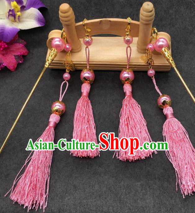 Traditional Handmade Chinese Ancient Classical Hair Accessories Hanfu Hairpins Pink Tassel Step Shake for Kids