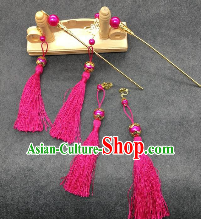 Traditional Handmade Chinese Ancient Classical Hair Accessories Hanfu Hairpins Rosy Tassel Step Shake for Kids