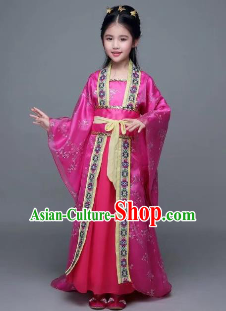 Traditional Chinese Tang Dynasty Palace Lady Rosy Costume, China Ancient Imperial Concubine Hanfu Trailing Dress for Kids