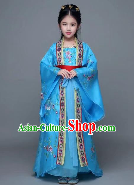 Traditional Chinese Tang Dynasty Palace Lady Blue Costume, China Ancient Imperial Concubine Hanfu Trailing Dress for Kids