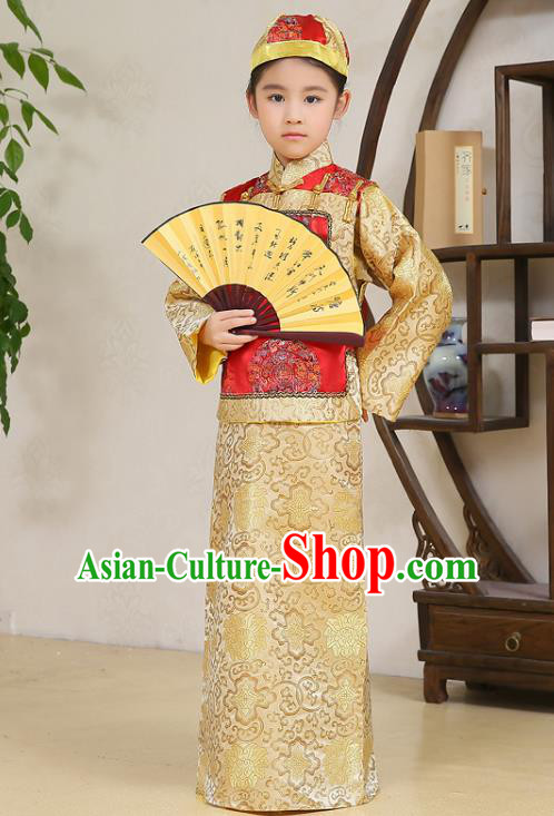 Traditional Chinese Qing Dynasty Nobility Childe Costume, China Manchu Prince Embroidered Clothing for Kids