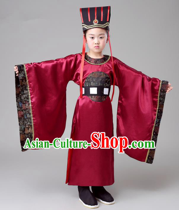 Traditional Chinese Han Dynasty Minister Costume, China Ancient Chancellor Embroidered Clothing for Kids