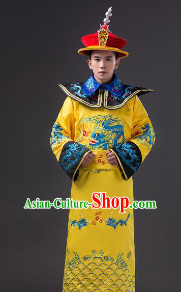 Traditional Chinese Qing Dynasty Emperor Costume, China Manchu Majesty Embroidered Dragon Robe for Men