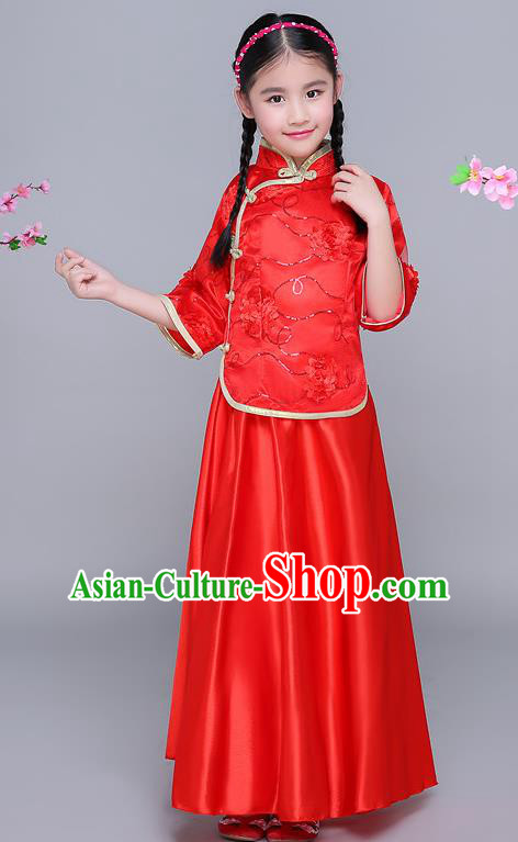Traditional Chinese Republic of China Nobility Lady Clothing, China National Embroidered Red Blouse and Skirt for Kids