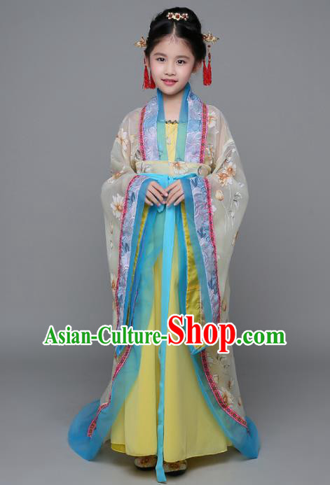 Traditional Chinese Ancient Imperial Concubine Costume, China Tang Dynasty Palace Lady Hanfu Embroidered Clothing for Kids
