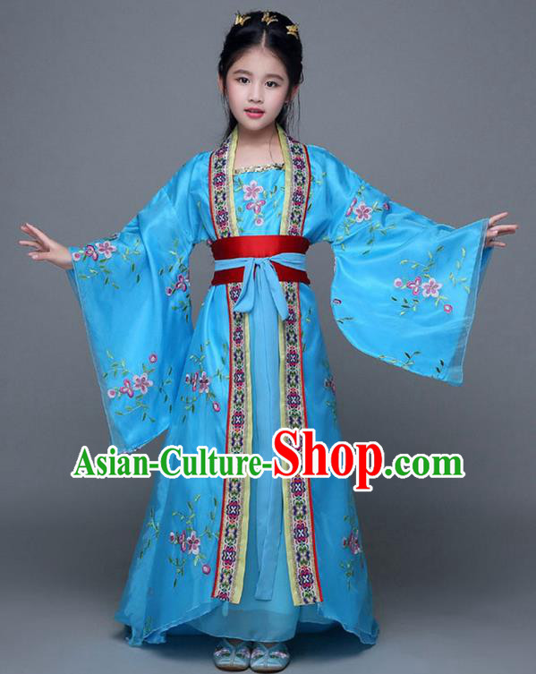 Traditional Chinese Ancient Imperial Consort Blue Costume, China Tang Dynasty Palace Princess Hanfu Embroidered Clothing for Kids