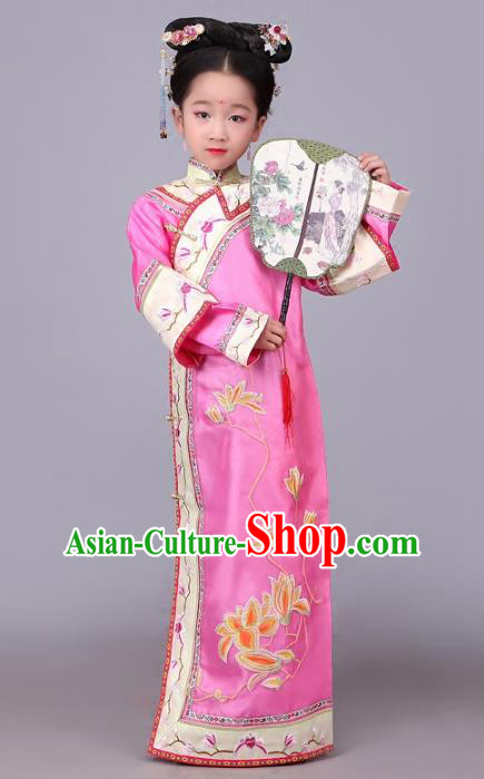 Traditional Chinese Qing Dynasty Princess Costume Pink Embroidered Dress, China Manchu Palace Lady Clothing for Kids