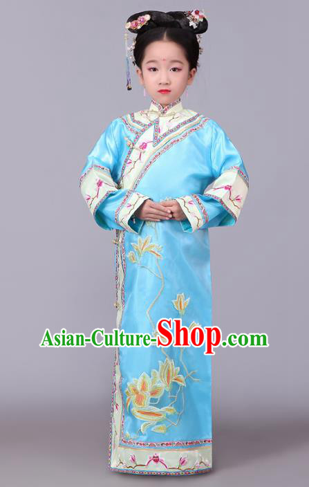 Traditional Chinese Qing Dynasty Princess Costume Blue Embroidered Dress, China Manchu Palace Lady Clothing for Kids