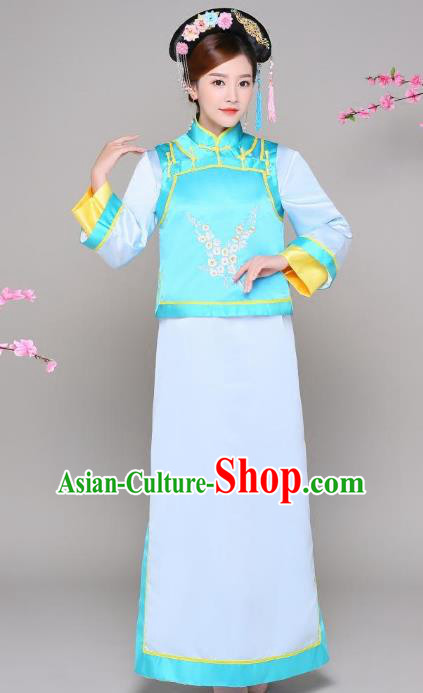 Traditional Chinese Qing Dynasty Manchu Princess Blue Costume, China Ancient Palace Lady Embroidered Clothing for Women